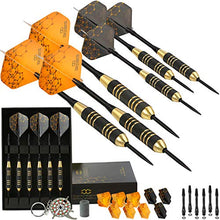 Load image into Gallery viewer, CC-Exquisite Professional Steel Tip Darts Set - 6 x 22g Brass Barrels with 12 Flights Standard/Slim, 12 Aluminum Shafts 35/48mm, 12 O-Rings, Dart Tool, Dart Sharpener and Case (Black & Gold)