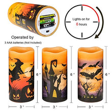 Load image into Gallery viewer, DRomance Flameless Flickering Candles Battery Operated with 6 Hour Timer, Set of 3 Real Wax LED Pillar Candles Warm Light with Castle, Witch, Bats Decal Halloween Decor Candles for Kids(D3" x H6")