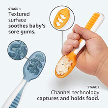 Load image into Gallery viewer, Baby Spoon Set (Stage 1 + Stage 2) | BPA Free Silicone Self Feeding Toddler Utensils | Pre-Spoon for Kids Ages 6 to 18 Months, 1-Pack, Two Spoons, Blue/Orange | NumNum GOOtensils