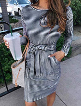 Load image into Gallery viewer, MEROKEETY Women's 2022 Fall Striped Long Sleeve T Shirt Dress Casual Tie Waist with Pockets
