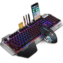 Load image into Gallery viewer, Wireless Gaming Keyboard and Mouse Combo, Rainbow Backlit Rechargeable Keyboard Mouse with 3800mAh Battery, Metal Panel Mechanical Feel Keyboard with Removable Hand Rest (Black)