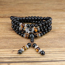 Load image into Gallery viewer, COAI 108 Mala Beads Black Obsidian Tiger Eye Stone Hamsa Hand Bracelet Necklace