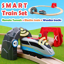 Load image into Gallery viewer, Battery Operated Action Locomotive Train & 10 Pcs Wooden Train Track & 2 Smart Action Tunnels - 13 Piece Train Toy with Accessories and Wooden Tracks