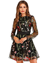 Load image into Gallery viewer, Milumia Women's Floral Embroidery Mesh Round Neck Tunic Party Dress Black Small