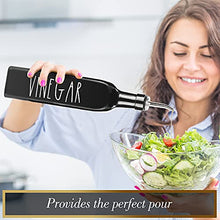 Load image into Gallery viewer, Farmhouse Oil and Vinegar Dispenser Set by Brighter Barns - Black & White Olive Oil Dispenser Bottle with Caddy Holder & Stainless Steel Spout - Cute Modern Vintage Glass Cruet for Kitchen -500ml 17oz