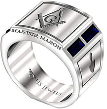 Load image into Gallery viewer, US Jewels And Gems Men's Blue Lodge 0.925 Sterling Silver Simulated Sapphire Freemason Masonic Ring, Size 12