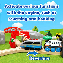 Load image into Gallery viewer, Battery Operated Action Locomotive Train & 10 Pcs Wooden Train Track & 2 Smart Action Tunnels - 13 Piece Train Toy with Accessories and Wooden Tracks