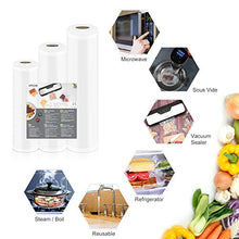 Load image into Gallery viewer, VPCOK Vacuum Sealer Bags 3 Rolls 8” x 10’, 10” x 10’, 11” x 10’ Vacuum Sealer Rolls 3 Pack BPA Free Fit VPCOK Vacuum Sealer Sous Vide Bags for Food Saver Food Storage Bag Roll Vac Storage Meal Prep