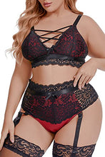 Load image into Gallery viewer, Plus Size Lingerie Set for Women, Sexy Luxe Criss-cross Bra Set Lace Cups Classic Underwear with High Waisted Suspender Thong (BlackRed, 2XL, 828e)