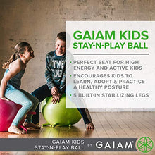 Load image into Gallery viewer, Gaiam Kids Stay-N-Play Children's Balance Ball - Flexible School Chair Active Classroom Desk Alternative Seating | Built-in Stay-Put Soft Stability Legs, Includes Air Pump, 52cm, Mr Mustache