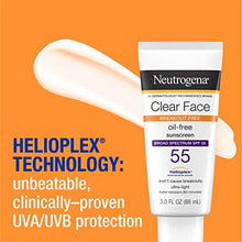 Load image into Gallery viewer, Neutrogena Clear Face Liquid Lotion Sunscreen for Acne-Prone Skin, Broad Spectrum SPF 55 with Helioplex Technology, Oil-Free, Fragrance-Free & Non-Comedogenic, 3 fl. oz
