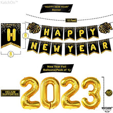 Load image into Gallery viewer, Huge, New Years Eve Party Supplies 2023 - Pack of 108 | Glitter Happy New Year Banner, 10 Feet Gold Foil Fringe Curtain | 40 Inch, 2023 Balloons Gold | New Years Plates and Napkins and Cups, Serves 25