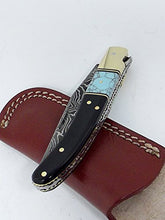 Load image into Gallery viewer, Damascus Knives Laguiole Style Pocket Knife Ram Horn & Turquoise Handle With Leather Sheath Made in Ancient Persian Indus Valley