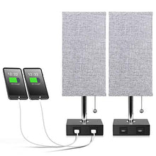 Load image into Gallery viewer, USB Table Lamp, Aooshine Bedside Table Lamps with 2 Useful USB Charging Ports, Solid Wood Nightstand Lamp with Grey Fabric Shade, Ambient Light Perfect for Bedroom, Living Room, Study Room (Pack of 2)