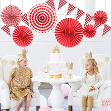 Load image into Gallery viewer, Red and White Checkered Gingham Pennant Banner with Hanging Paper Fans Set for Picnic BBQ Birthday Wedding Party Decoration