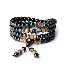 Load image into Gallery viewer, COAI 108 Mala Beads Black Obsidian Tiger Eye Stone Hamsa Hand Bracelet Necklace