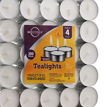 Load image into Gallery viewer, MontoPack Unscented Tea Lights Candles in Bulk | 200 White, Smokeless, Dripless & Long Lasting Paraffin Tea Candles | Small Votive Mini Tealight Candles for Home, Pool, Shabbat, Weddings & Emergencies