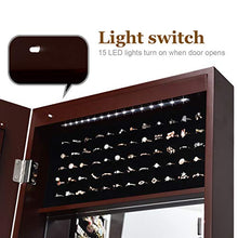 Load image into Gallery viewer, Giantex 15 LEDs Jewelry Cabinet Wall Door Mounted, Lockable Jewelry Armoire with Full Length Mirror, Cosmetics Tray, Lipstick Brush Holders, Build-in Makeup Mirror, Jewelry Cabinet for Women Girls (Brown)