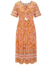 Load image into Gallery viewer, Arach&Cloz Women's Boho Tie Neck Printed Short Sleeve Floral Summer Loose Tassels Casual Midi Dress with Pockets (Floral01,S)