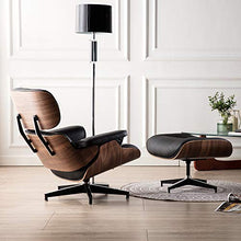 Load image into Gallery viewer, Genuine Leather Lounge Chair with Ottoman, Mid Century Recliner Replica with 8-Layer Solid Wood and Heavy Duty Aluminum Base for Living Room Study Lounge Office (Walnut Wood + Black)