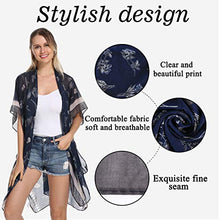 Load image into Gallery viewer, Women Kimono Swimsuit Cover Up Cardigan - Black Flower Chiffon Print Swimwear Beach Bathing Bikini Coverup Boho Batwing Loose Tops Outwear Kimono Dress Plus Size Loose Sleeve Shaw Black Big Flower