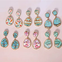 Load image into Gallery viewer, BONALUNA Bohemian Wood And Marble Effect Oval Shaped Drop Statement Earrings