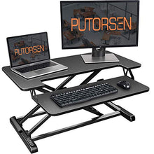 Load image into Gallery viewer, Standing Desk Converter with Height Adjustable – PUTORSEN 32 inch Stand Up Desk, Ergonomic Sit Stand Dual Monitor and Laptop Riser Tabletop Workstation Black