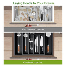 Load image into Gallery viewer, Bamboo Expandable Drawer Organizer for Utensils Holder, Adjustable Cutlery Tray, Wood Drawer Dividers Organizer for Silverware, Flatware, Knives in Kitchen, Bedroom, Living Room by Pipishell (Black)