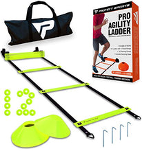 Load image into Gallery viewer, Pro Agility Ladder and Cones - 15 ft Fixed-Rung Speed Ladder with 12 Disc Cones for Soccer, Football, Sports, Exercise, Workout, Footwork Training - Includes 4 Stakes, Heavy Duty Carry Bag (Yellow)