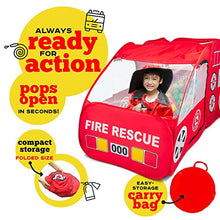 Load image into Gallery viewer, Fire Truck Tent with Sound Button for Kids Toddlers Boys & Girls - Red Fire Engine Pop Up Pretend Playhouse Indoors & Outdoors - Quick Set Up Weather Proof Fabric Foldable & Spacious β Great Gift Idea