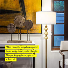 Load image into Gallery viewer, Brightech Riley - Free Standing Boho Floor Lamp - Tall Pole Light for Living Room Or Bedroom- Mid Century, Modern Upright Light with Drum Shade - With LED Bulb - Gold aka Antique Brass