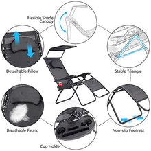 Load image into Gallery viewer, Goplus Folding Zero Gravity Lounge Chair Wide Recliner for Outdoor Beach Patio Pool w/Shade Canopy (Black Zero Gravity Chair)