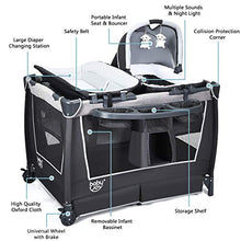 Load image into Gallery viewer, BABY JOY 4 in 1 Portable Baby Playard with Bassinet, Changing Table, Foldable Bassinet Bed & Activity Center, Newborn Napper with Toys & Music, Large Capacity Storage Shelf, Oxford Carry Bag (Grey)