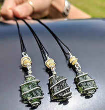 Load image into Gallery viewer, MOLDAVITE & RHODIZITE NECKLACE Wire Wrap 925 Silver on a 19" Durable Black Silk Chain! Metaphysical Reiki Healing Energy Genuine Czech Synergy 12 Crystal Pendant Tektite!