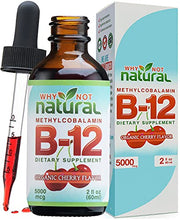 Load image into Gallery viewer, Organic Vitamin B12 Liquid - Sublingual Extra Strength 60 x 5000 mcg Drops, Methylcobalamin, Natural Cherry Flavor, Vegan, Maximize Absorption and Energy