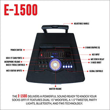 Load image into Gallery viewer, QFX E-1500 Professional Large Bluetooth Speakers | Portable PA Speaker System | Dual 15” Woofers, 1.5” Tweeter, and Party Lights