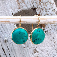Load image into Gallery viewer, Turquoise Drop Earrings 14K Solid Gold - Beautiful 12mm Round Cut Natural Turquoise Gemstone December Birthstone Housed in Yellow Gold Dangle/Drop Earrings - Elegant Handmade Jewelry