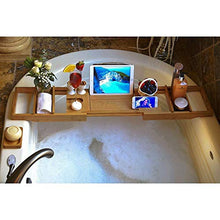 Load image into Gallery viewer, Wine Rack H Luxury Bamboo Bathtub Caddy Bath Tub Tray with Extending Sides Built in Book Tablet Holder Cellphone Tray & Integrated Wineglass Holder and Other Accessories Placement