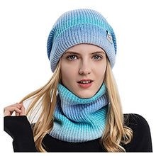 Load image into Gallery viewer, Womens Earmuffs Add Flocking Thermal Cycling Warm Beanie Winter Hat Knit Scarf Gradient Color Velvet Hat Bib Hat (Blue)