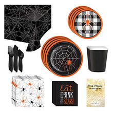 Load image into Gallery viewer, Halloween Party Supplies, Spider & Buffalo Plaid Design, 16 Guests, 129 Pieces, Disposable Paper Dinnerware, Plate, Napkin, Cups, Cutlery and Table Cover Set