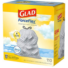 Load image into Gallery viewer, Glad ForceFlex Tall Kitchen Drawstring Trash Bags – 13 Gallon Trash Bag, Fresh Clean scent with Febreze Freshness – 110 Count (Package May Vary)