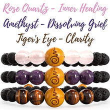 Load image into Gallery viewer, Set of 3 Anxiety Bracelet For Women | Essential Oil Bracelets, Lava Rock Diffuser Bracelets For Women with Rose Quartz, Amethyst, Tiger's Eye, Sandalwood. Gift Box. Gift Card + Extra Satin Bag.