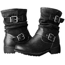 Load image into Gallery viewer, Fullwei Platform Boots for Women,Women Comfy Steel Toe Booties Western Combat Ankle Boot Casual Belt Buckle Side Zipper Motorcycle Riding Boot Walking Shoe (Black, 9.5-10)