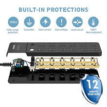 Load image into Gallery viewer, Power Strip Flat Plug, AUOPRO 12 Outlet Surge Protector with 4 USB, Grounded Desktop Extension Cord, 1050J, Dual Switch, Wall Mountable, 9.8 ft Long Cable for Computer Garage Workshop Home Office