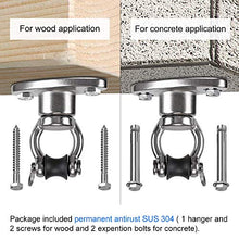 Load image into Gallery viewer, BeneLabel Permanent Antirust Stainless Steel Heavy Duty Swing Hanger 1200LB Capacity, Bearing Swing Hook 360° Rotation, 2 Wood Screws, 2 Expansion Bolts, Yoga Hammock Chair Sandbag, Swing Set