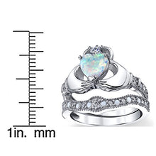 Load image into Gallery viewer, Sterling Silver 925 Heart Shape Claddagh Engagement Ring Wedding Bridal Sets with White Simulated Opal 7