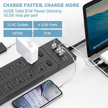 Load image into Gallery viewer, Power Strip Flat Plug, AUOPRO 12 Outlet Surge Protector with 4 USB, Grounded Desktop Extension Cord, 1050J, Dual Switch, Wall Mountable, 9.8 ft Long Cable for Computer Garage Workshop Home Office