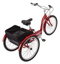 Load image into Gallery viewer, Schwinn Meridian Deluxe Adult Tricycle Bike, Three Wheel Cruiser, 26-Inch Wheels, Low Step-Through Aluminum Frame, Adjustable Handlebars, Large Cruiser Seat, Rear Folding Basket, 3-Speed, Red