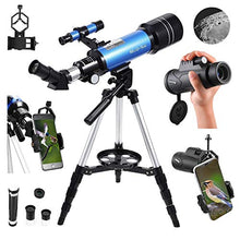 Load image into Gallery viewer, MaxUSee 70mm Refractor Telescope with Adjustable Tripod for Kids Adults & Beginners + Portable 10X42 HD Monocular Bak4 Prism FMC Lens, Travel Scope with Backpack and Phone Adapter