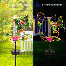 Load image into Gallery viewer, Juegoal 31.5 Inch Rain Gauge, Solar Powered Lighted Butterfly Garden Stakes Decor with 16 LED Warm White Copper Lights, Metal Yard Art Outdoor Lawn Pathway Patio Decorations